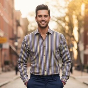 Robert Graham Colorful Striped Dress Shirt Grey Yellow Blue Button Down‎ Shirt